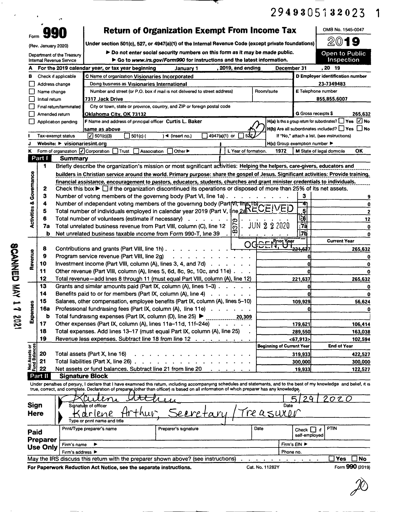 Image of first page of 2019 Form 990 for Visionaries International / Visionaries Incorporated