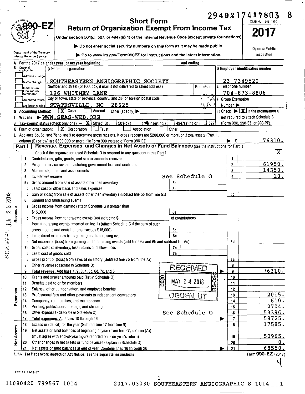 Image of first page of 2017 Form 990EZ for Southeastern Angiographic Society