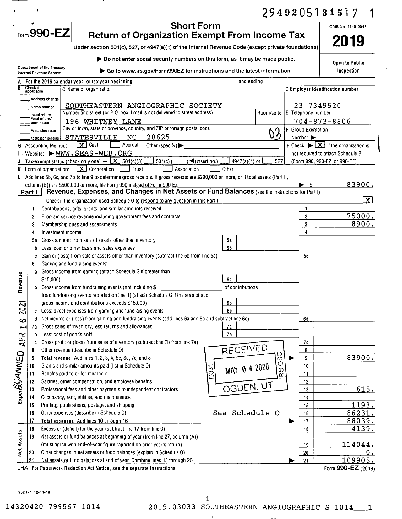 Image of first page of 2019 Form 990EZ for Southeastern Angiographic Society