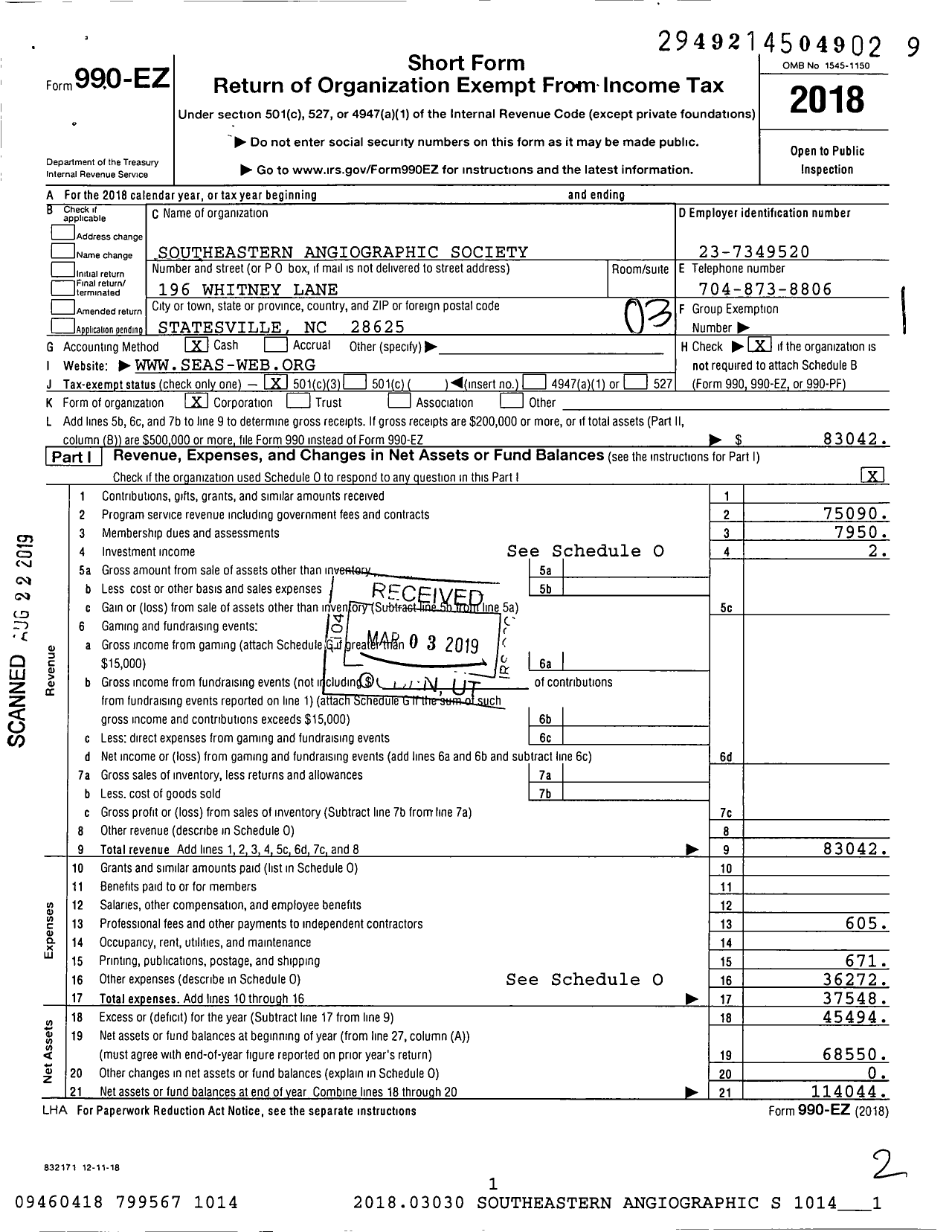 Image of first page of 2018 Form 990EZ for Southeastern Angiographic Society