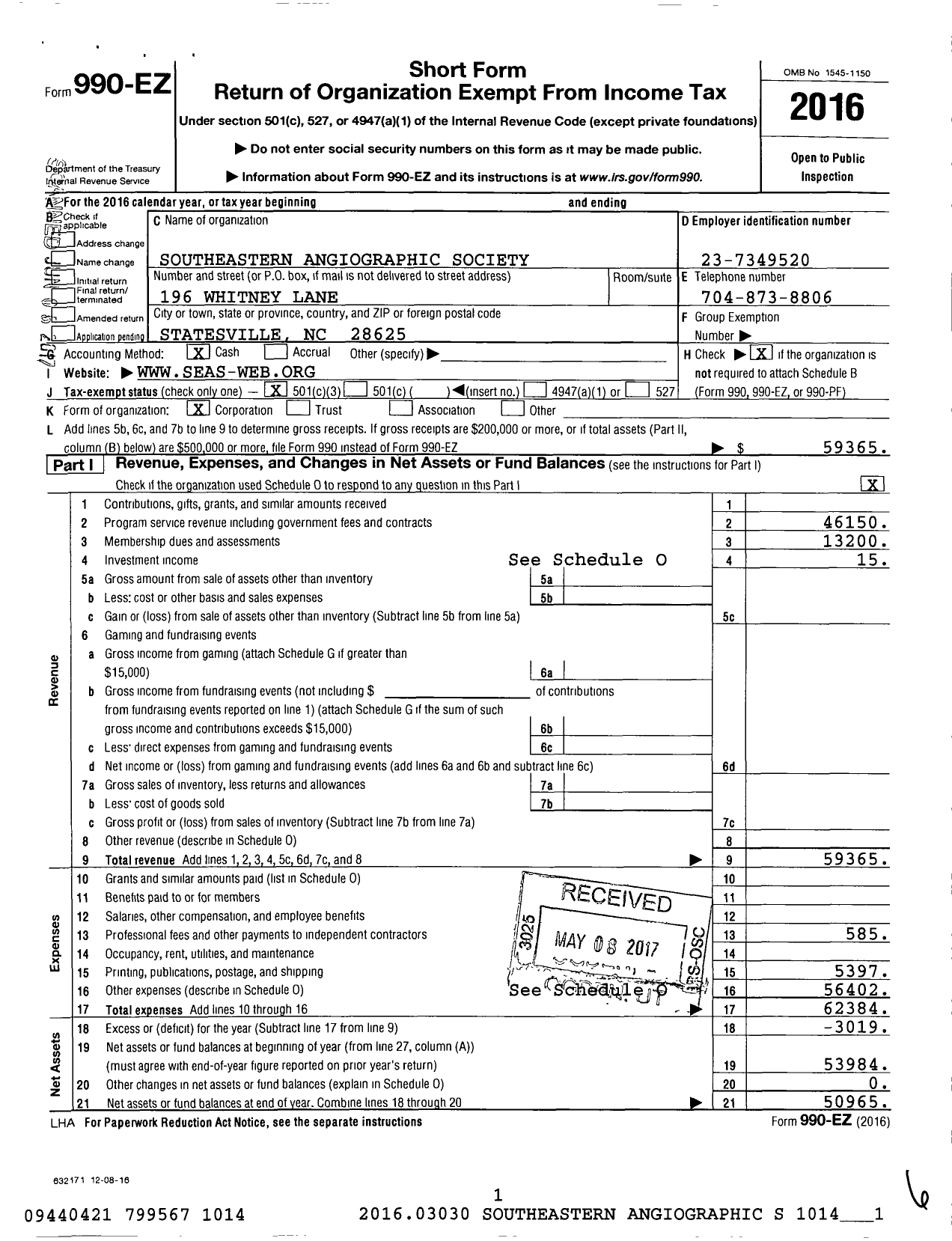 Image of first page of 2016 Form 990EZ for Southeastern Angiographic Society