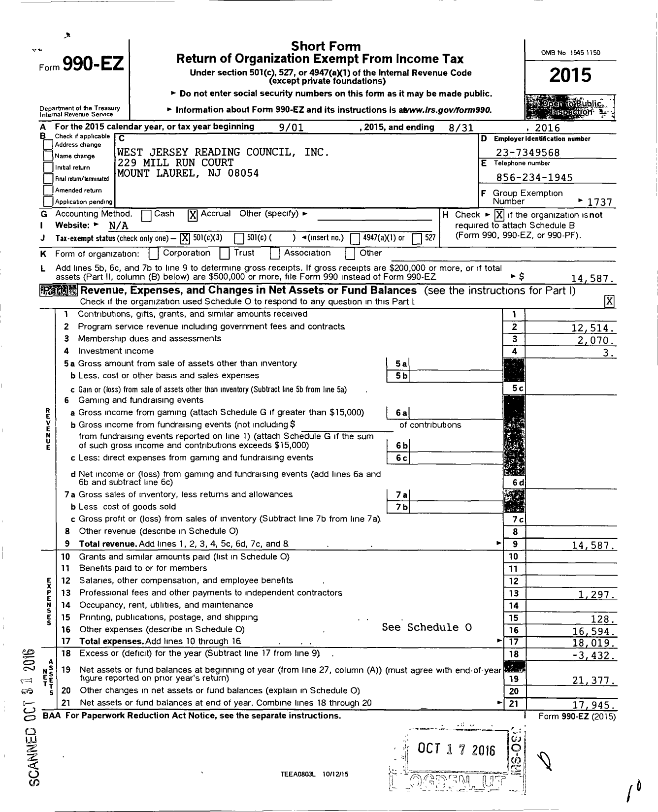 Image of first page of 2015 Form 990EZ for International Reading Association - 33800 West Jersey Reading Council