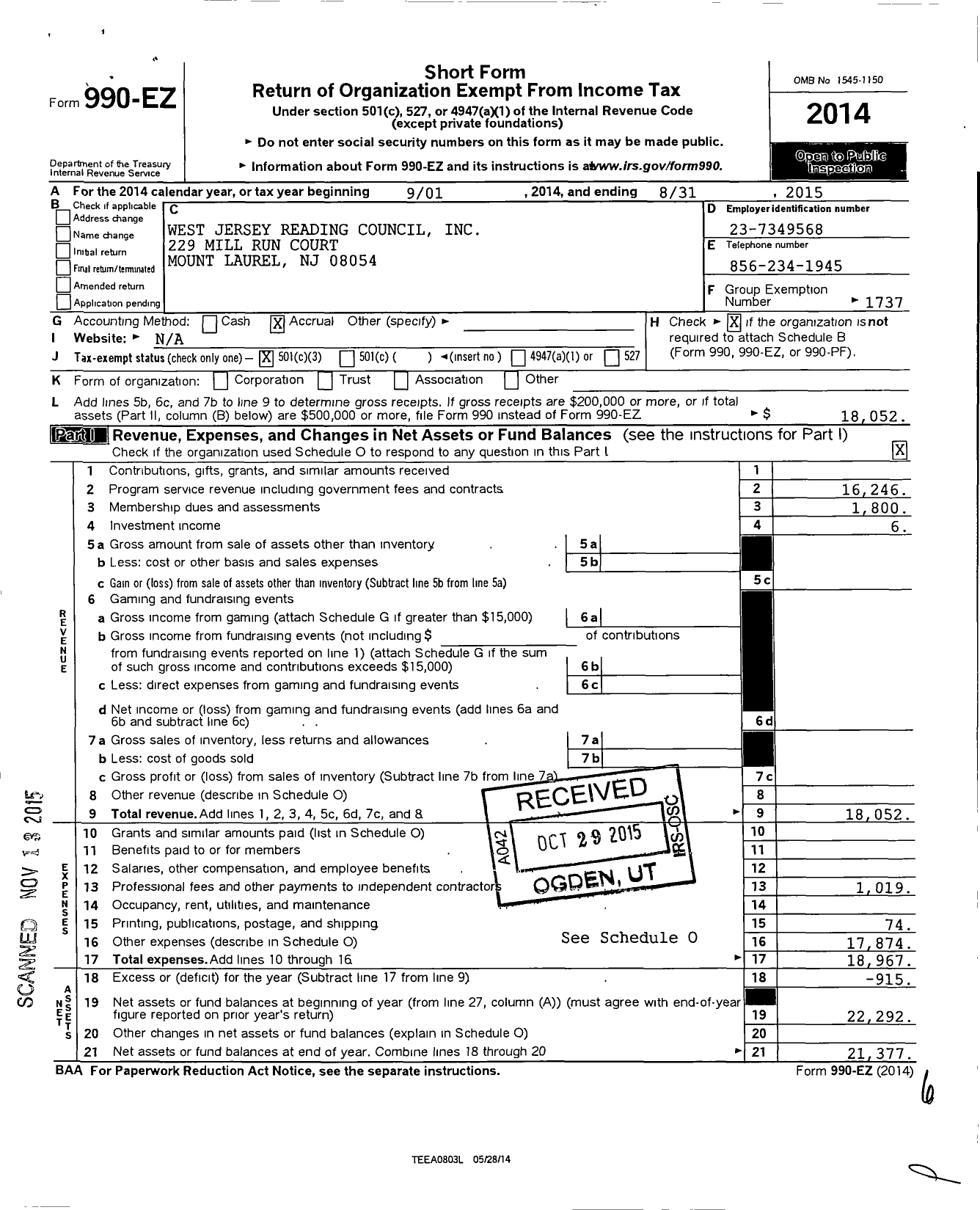 Image of first page of 2014 Form 990EZ for International Reading Association - 33800 West Jersey Reading Council