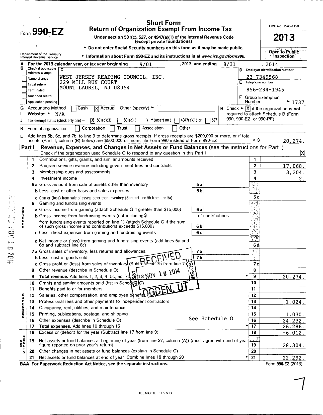 Image of first page of 2013 Form 990EZ for International Reading Association - 33800 West Jersey Reading Council