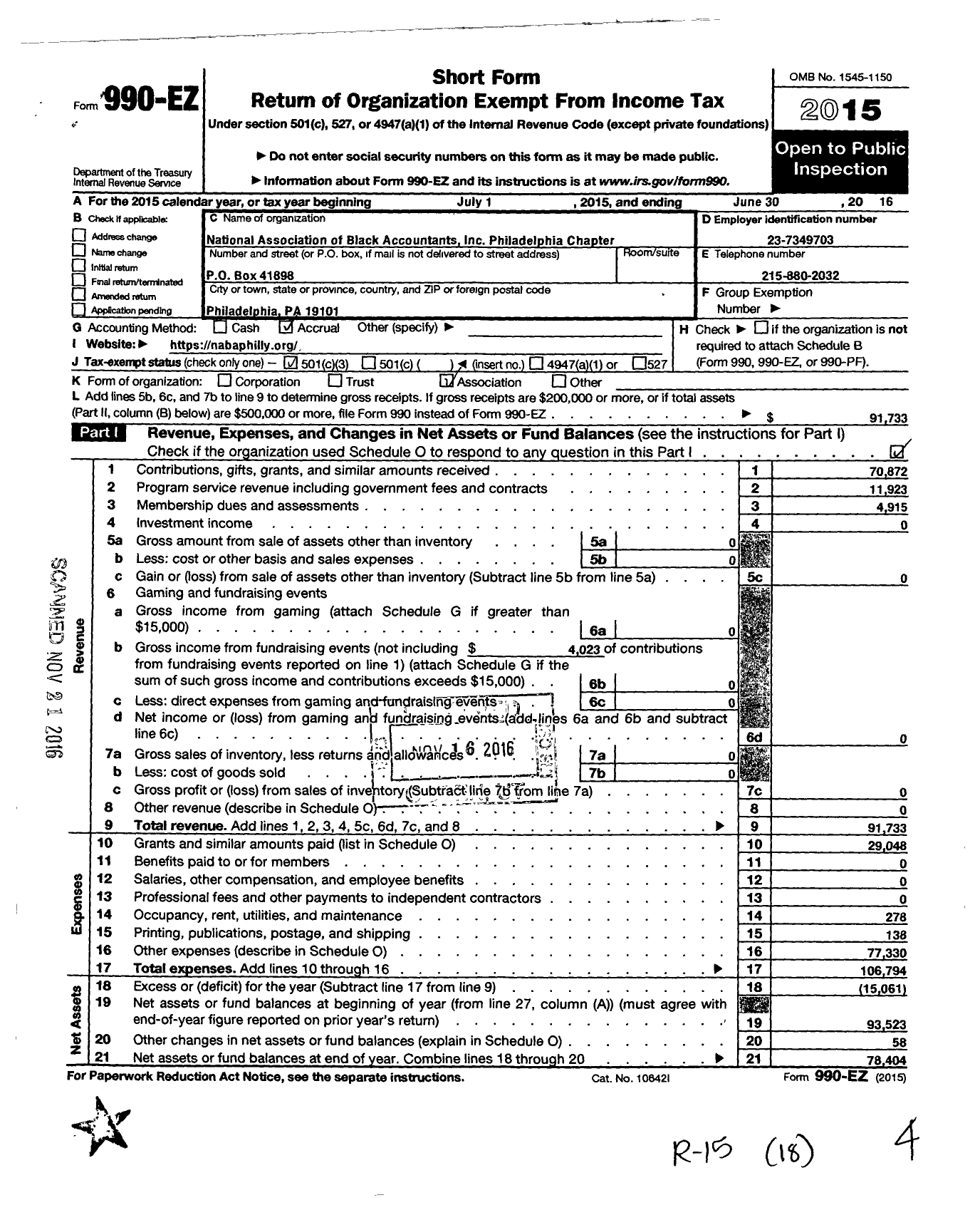 Image of first page of 2015 Form 990EZ for National Associaiton of Black Accountants Philadelphia Chapter