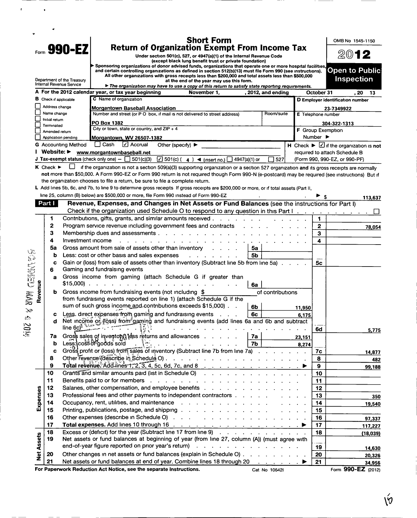 Image of first page of 2012 Form 990EO for Morgantown Baseball Association