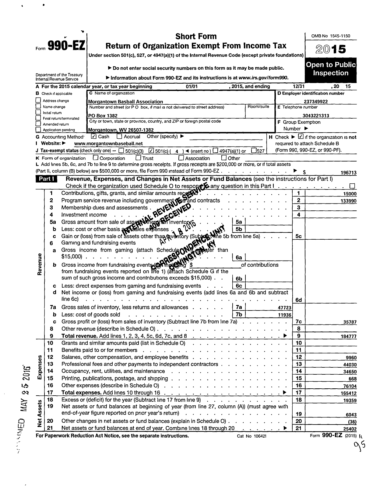 Image of first page of 2015 Form 990EO for Morgantown Baseball Association