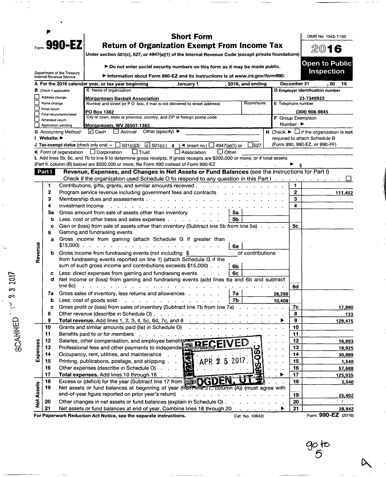 Image of first page of 2016 Form 990EO for Morgantown Baseball Association