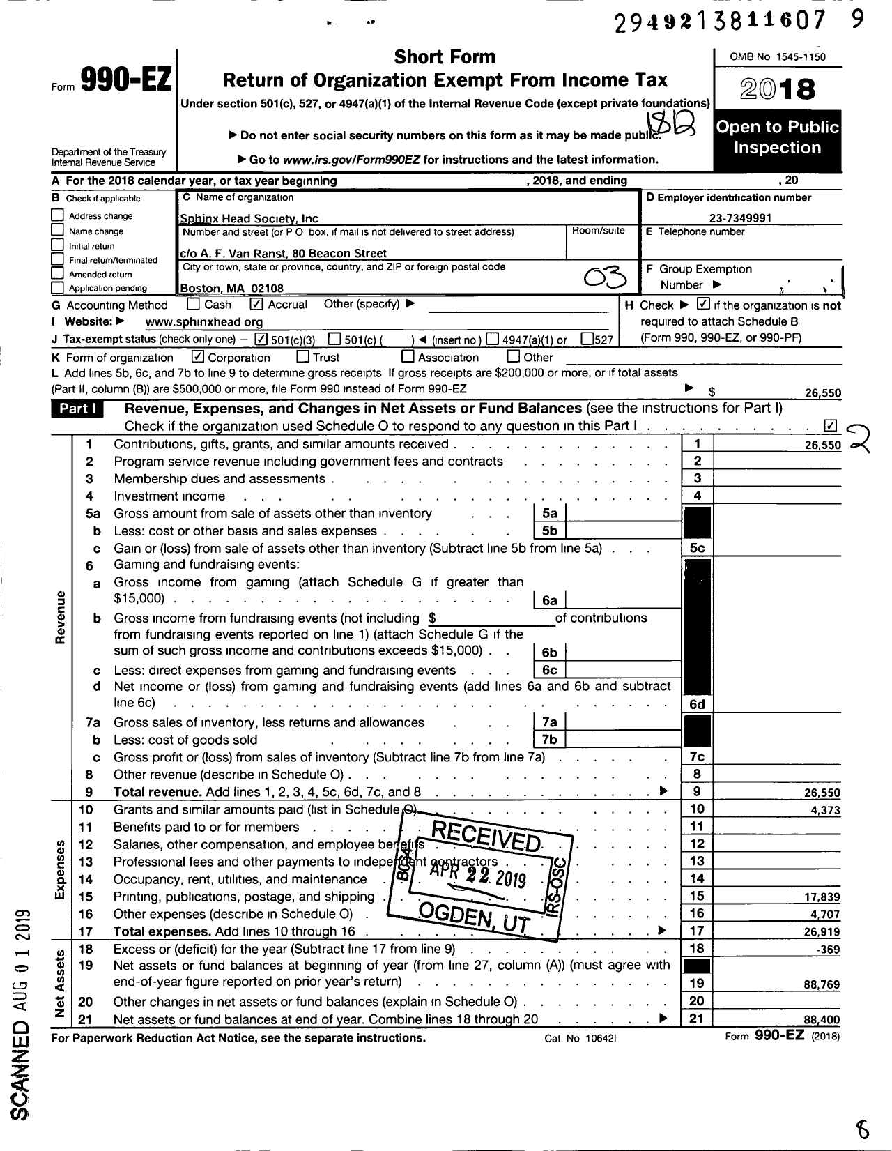 Image of first page of 2018 Form 990EZ for Sphinx Head Society