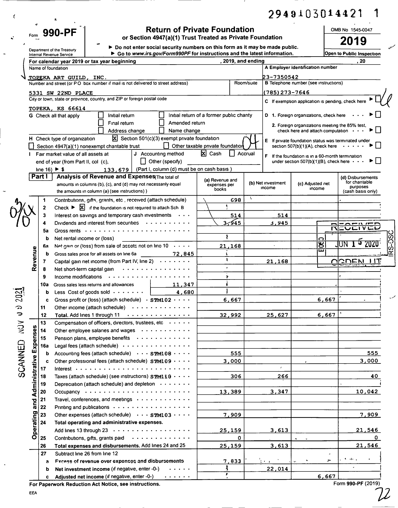 Image of first page of 2019 Form 990PF for Topeka Art Guild