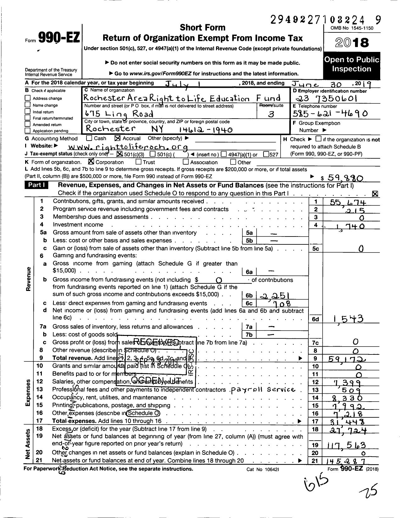 Image of first page of 2018 Form 990EZ for Rochester Area Right To Life Education Fund