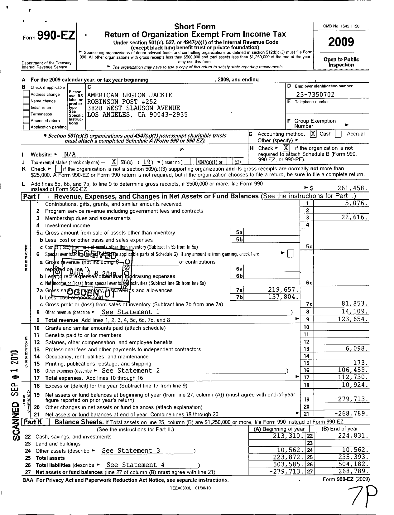 Image of first page of 2009 Form 990EO for Jackie Robinson Post No 252 the American Legion Department