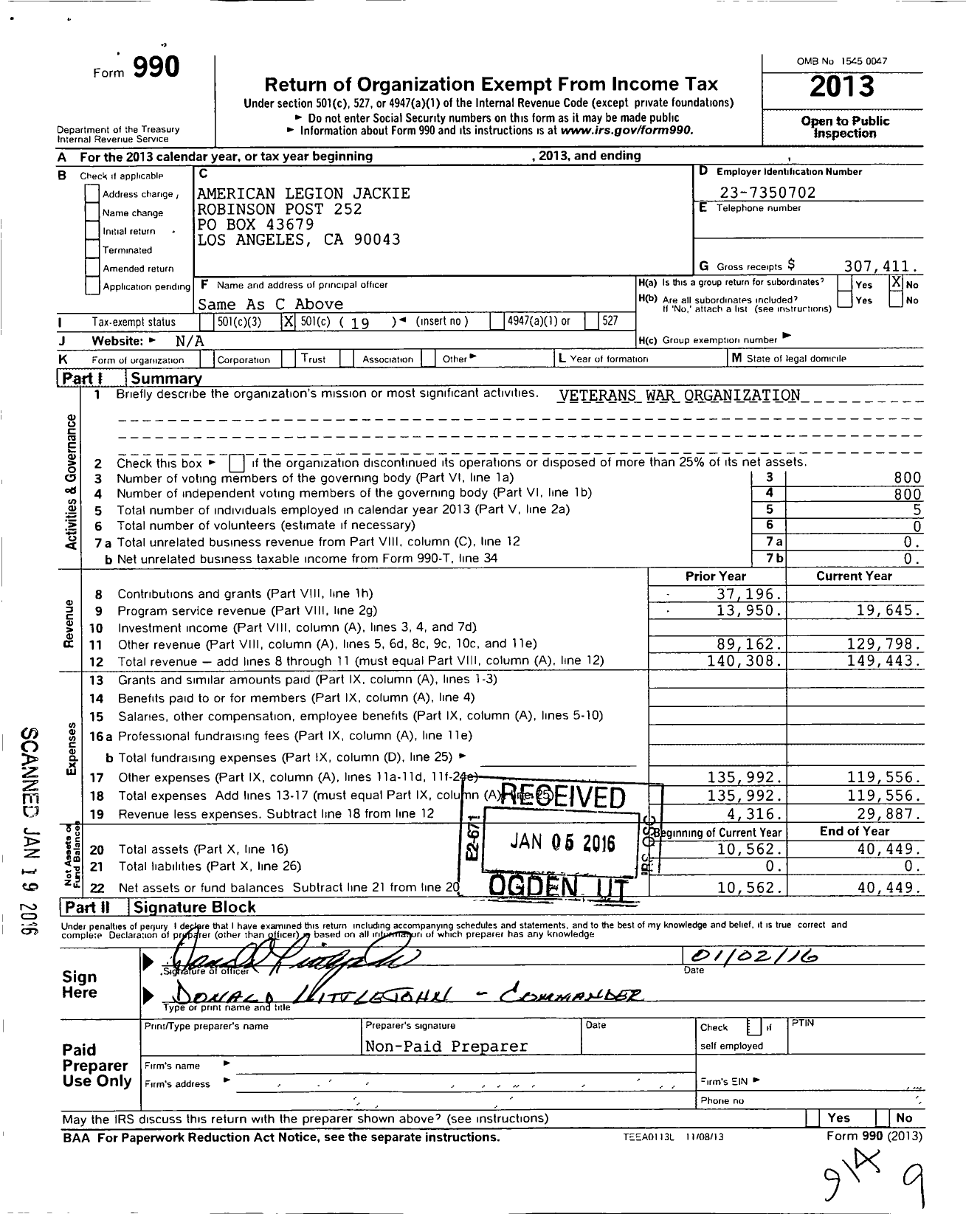 Image of first page of 2013 Form 990O for Jackie Robinson Post No 252 the American Legion Department