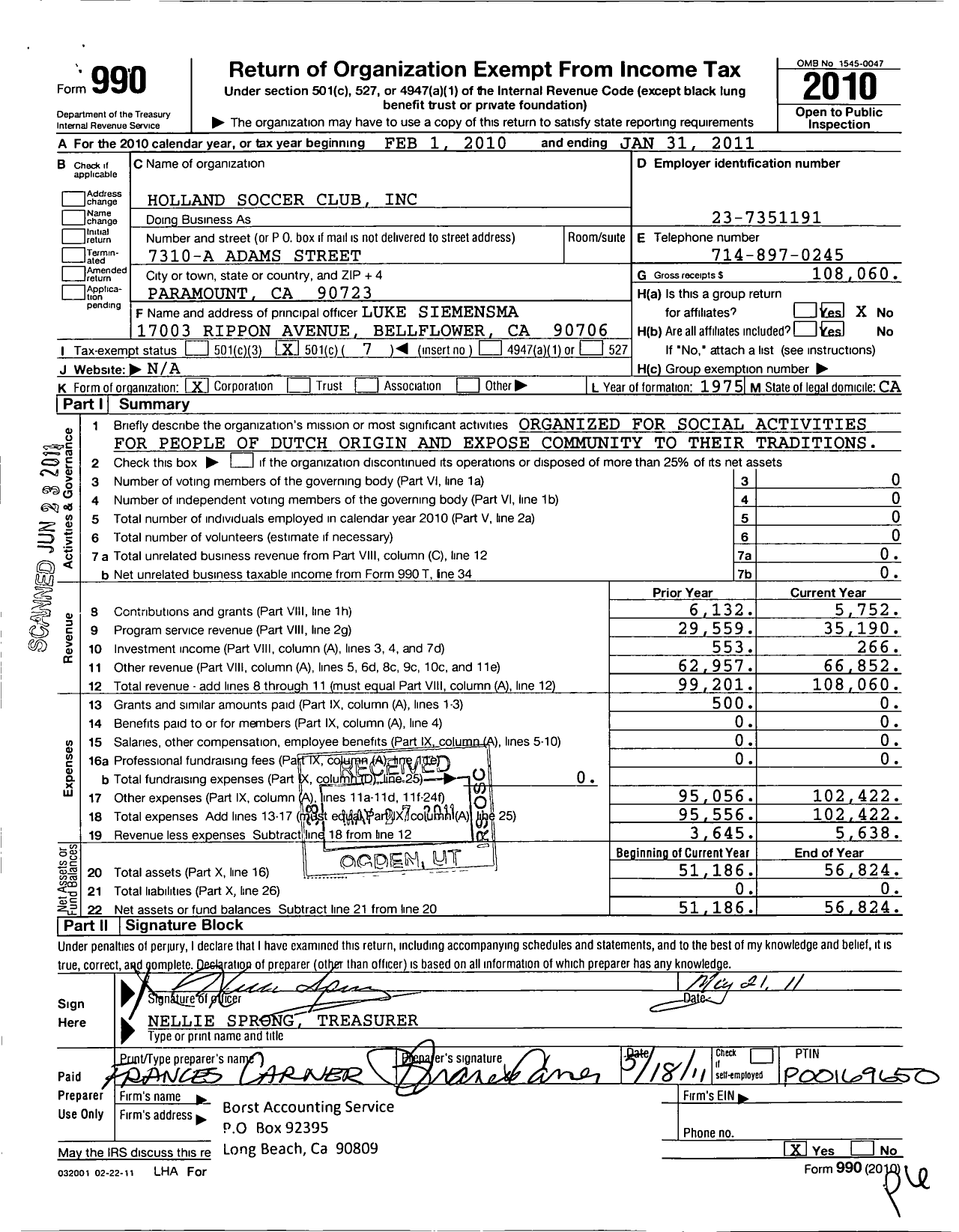 Image of first page of 2010 Form 990O for Holland Soccer Club