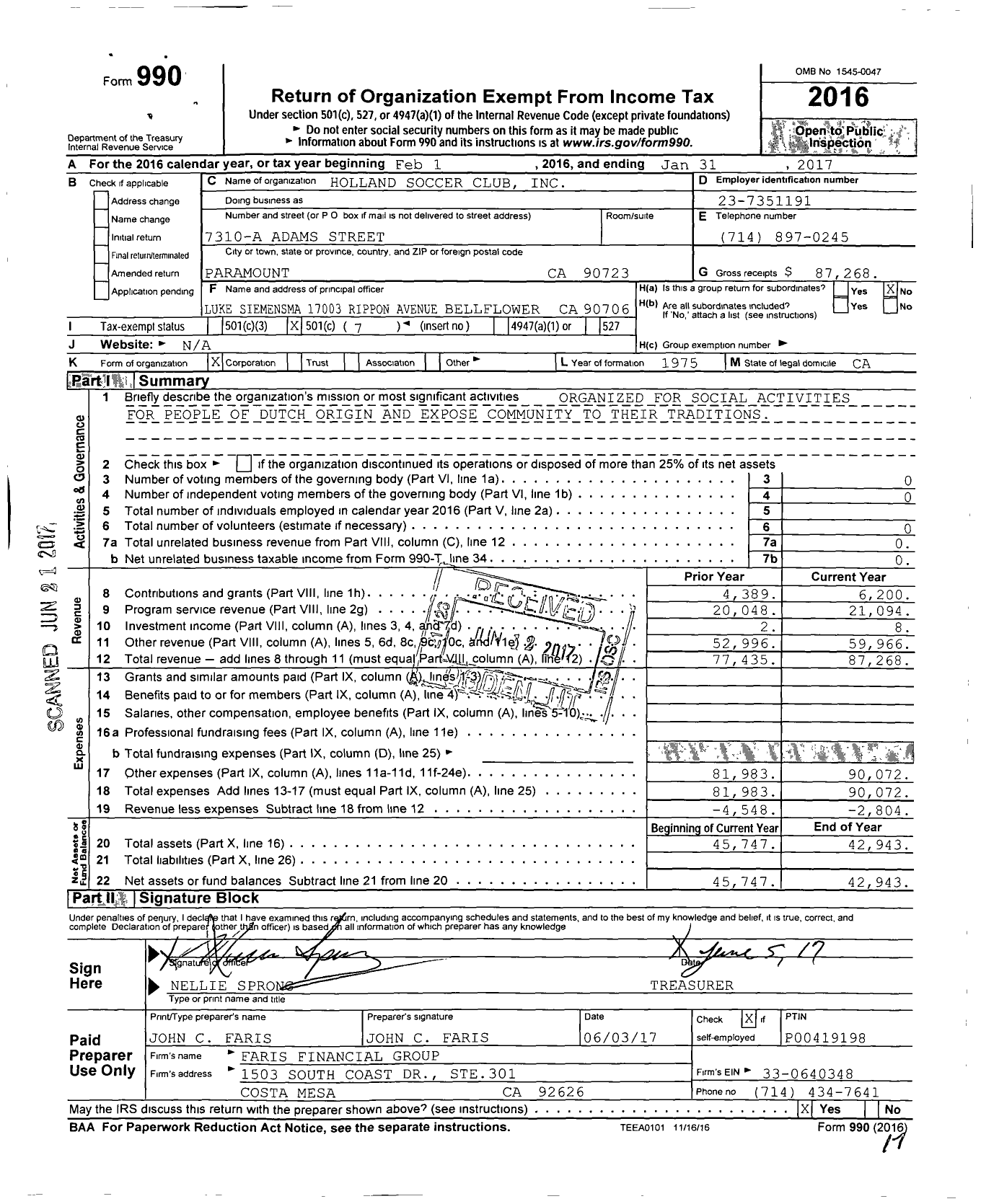 Image of first page of 2016 Form 990O for Holland Soccer Club