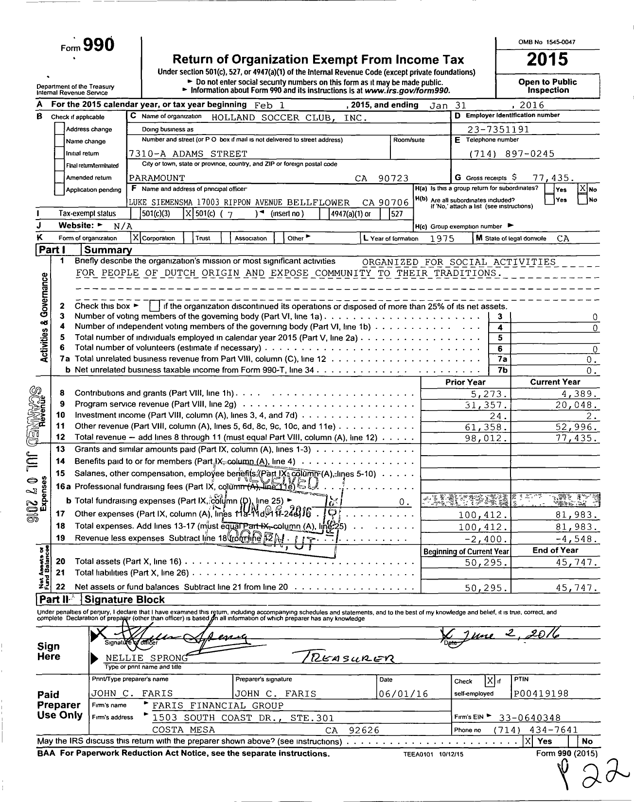 Image of first page of 2015 Form 990O for Holland Soccer Club