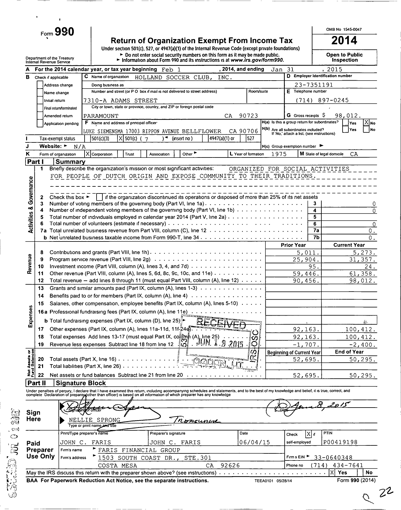 Image of first page of 2014 Form 990O for Holland Soccer Club