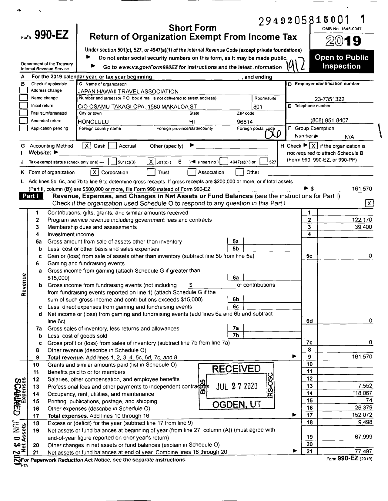 Image of first page of 2019 Form 990EO for Japan Hawaii Travel Association