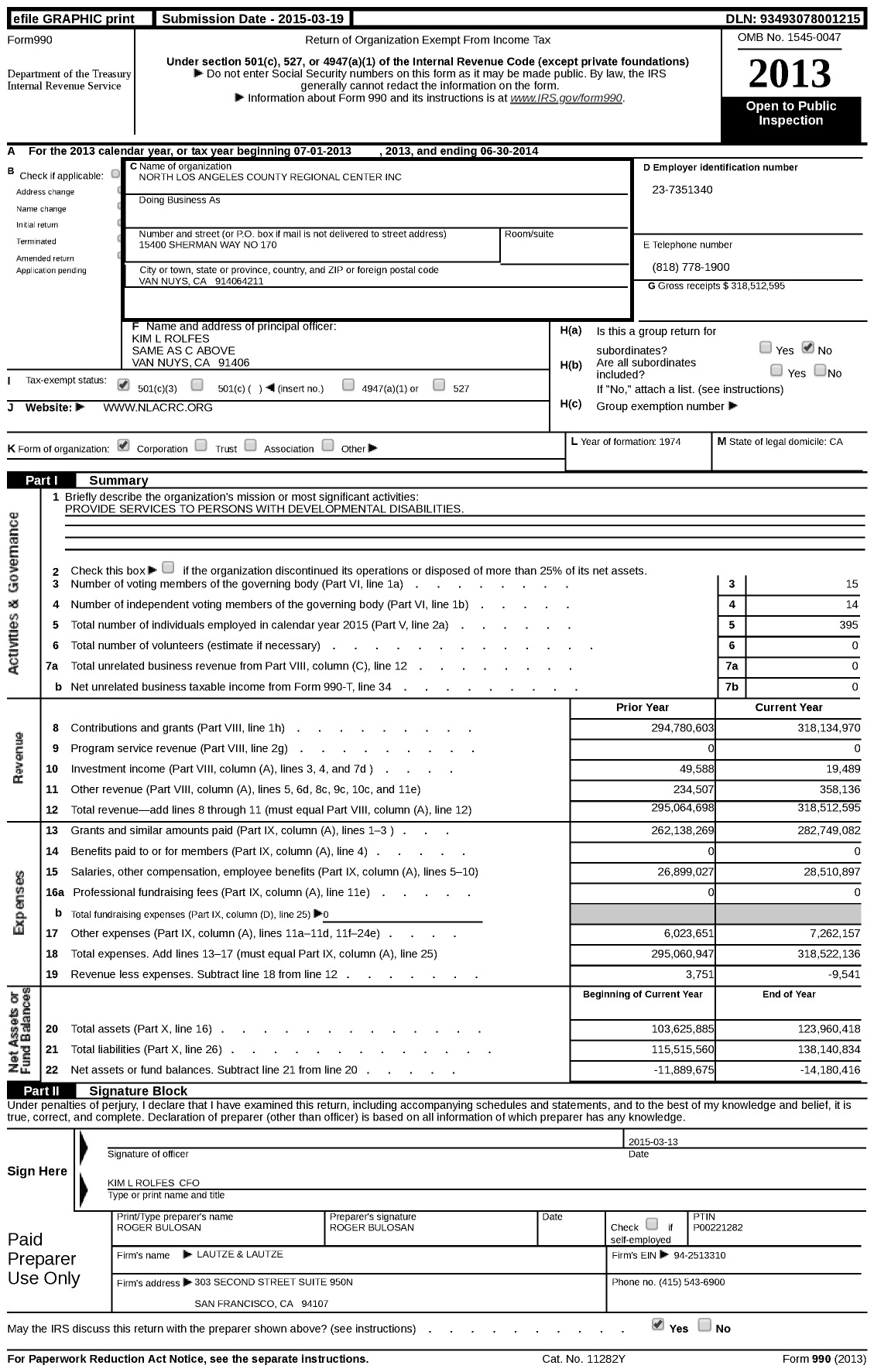Image of first page of 2013 Form 990 for North Los Angeles County Regional Center (NLACRC)