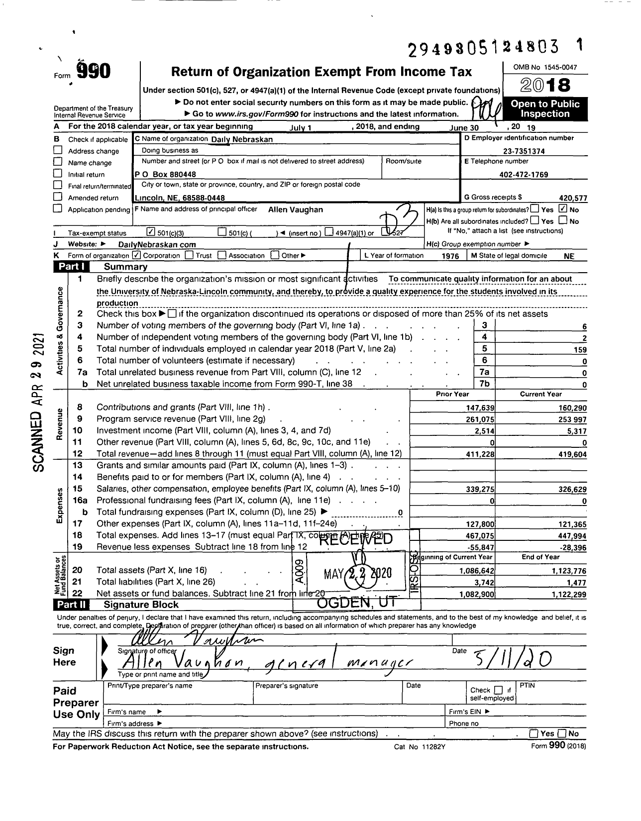 Image of first page of 2018 Form 990 for Daily Nebraskan