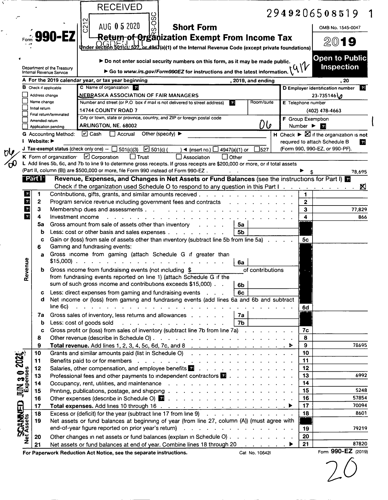 Image of first page of 2019 Form 990EO for Nebraska Association of Fair Managers