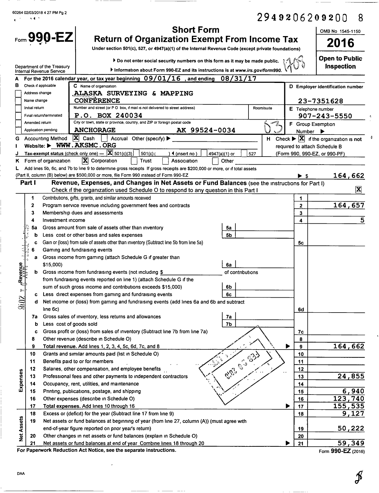 Image of first page of 2016 Form 990EZ for Alaska Surveying and Mapping Conference