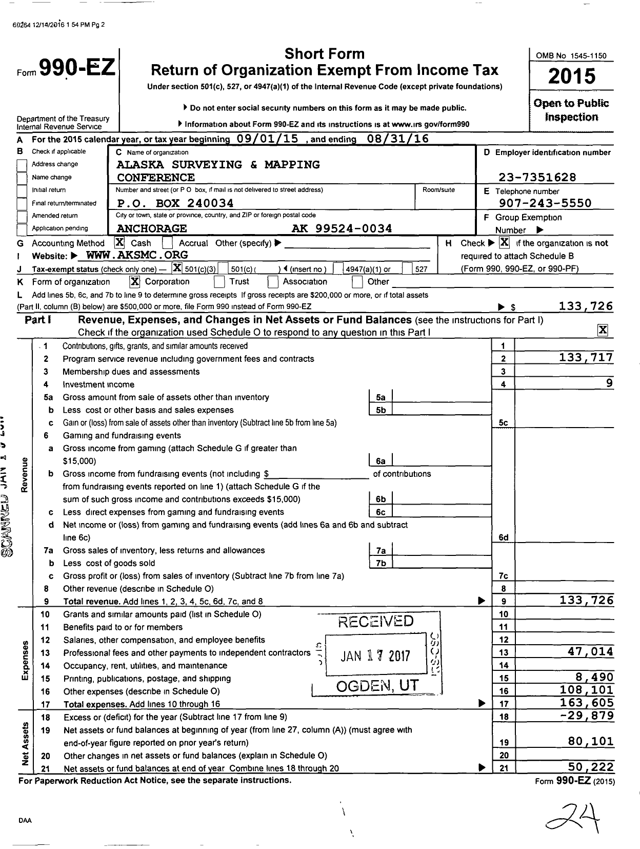 Image of first page of 2015 Form 990EZ for Alaska Surveying and Mapping Conference