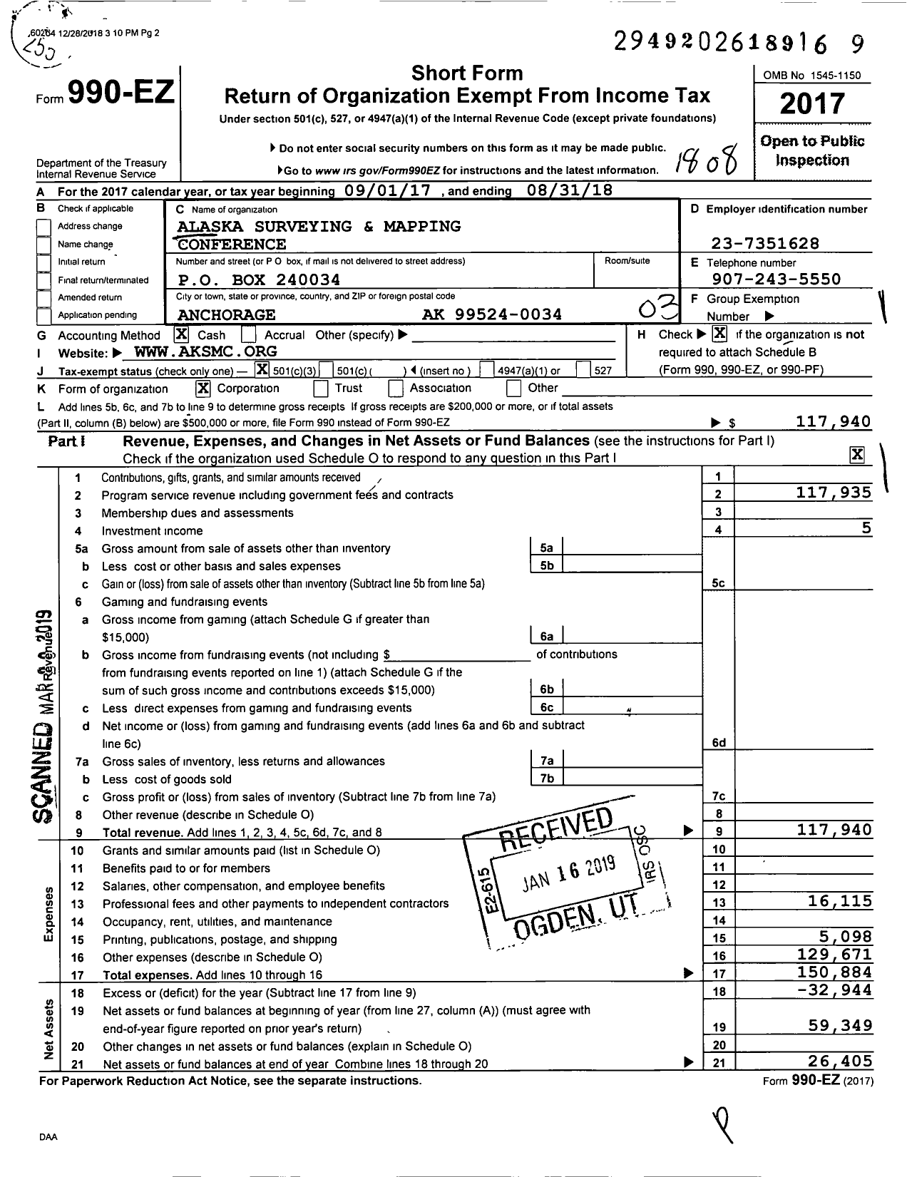 Image of first page of 2017 Form 990EZ for Alaska Surveying and Mapping Conference