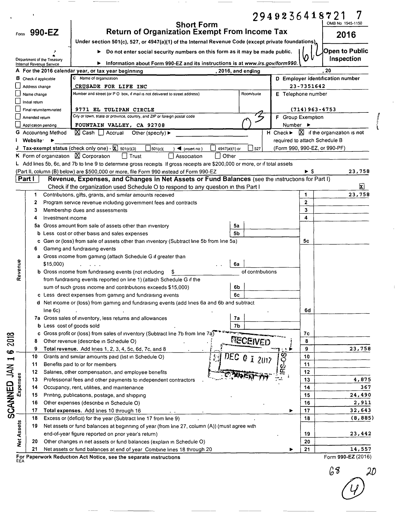 Image of first page of 2016 Form 990EZ for Crusade for Life