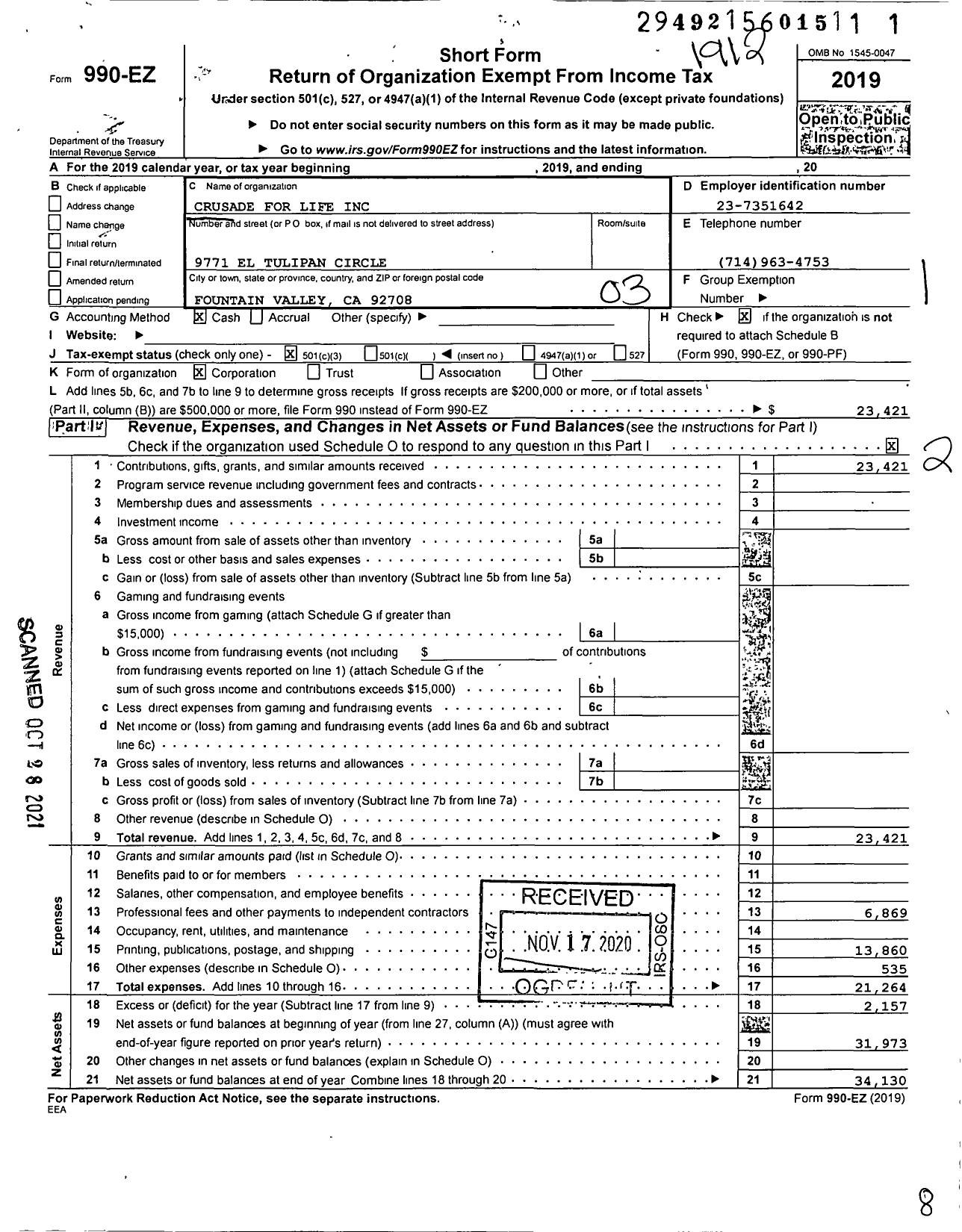 Image of first page of 2019 Form 990EZ for Crusade for Life