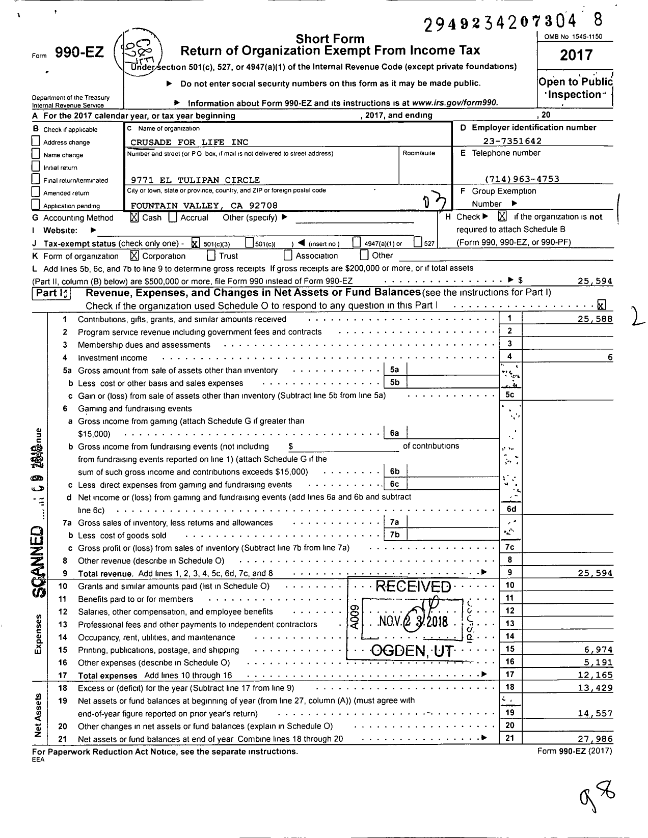 Image of first page of 2017 Form 990EZ for Crusade for Life