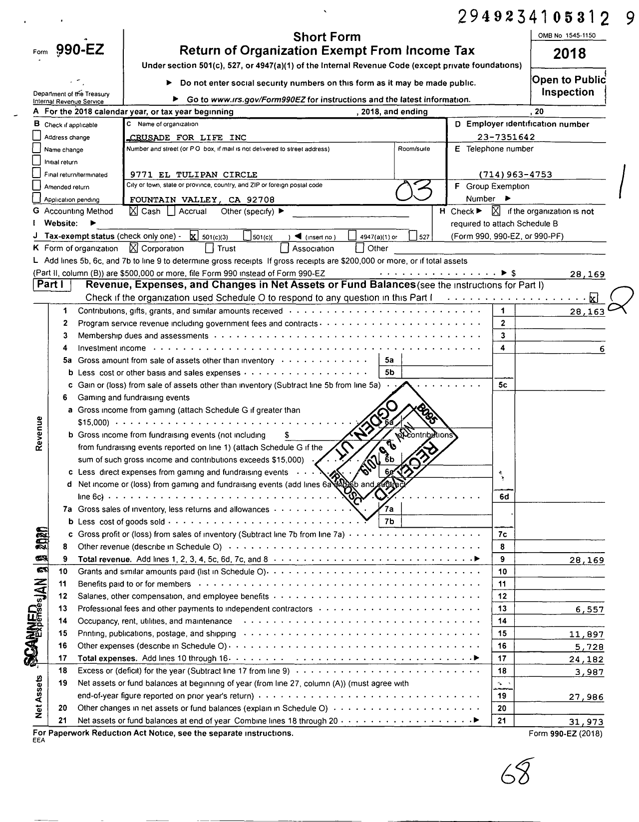 Image of first page of 2018 Form 990EZ for Crusade for Life