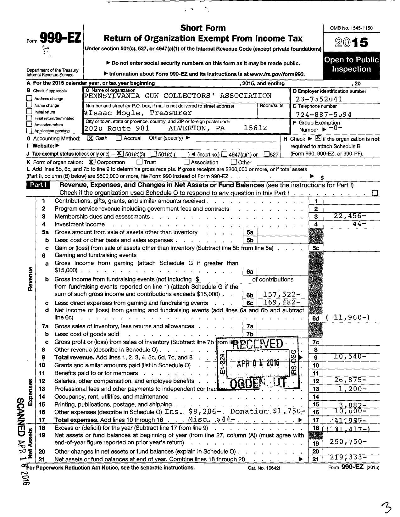 Image of first page of 2015 Form 990EZ for Pennsylvania Gun Collectors Association