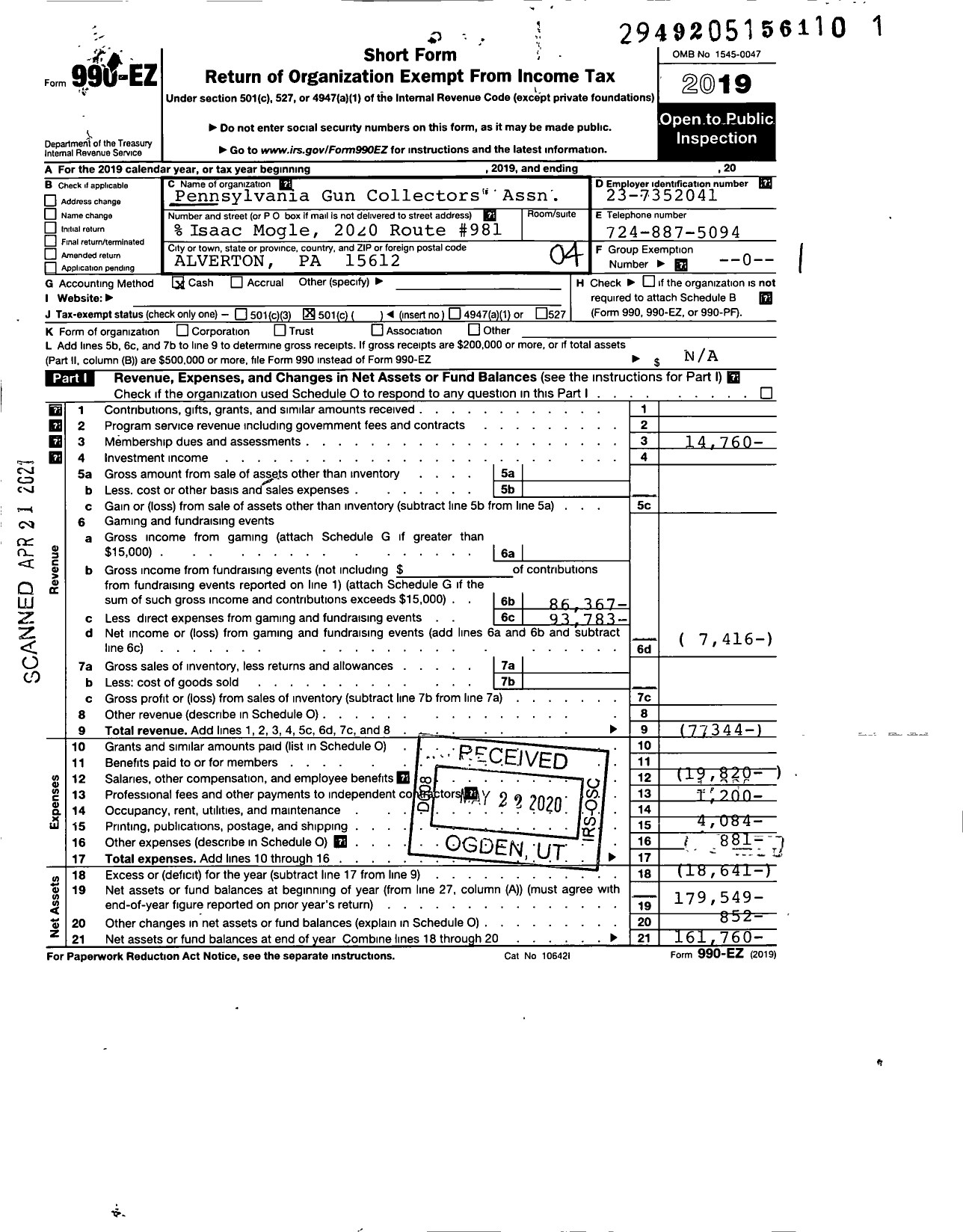 Image of first page of 2019 Form 990EO for Pennsylvania Gun Collectors Association