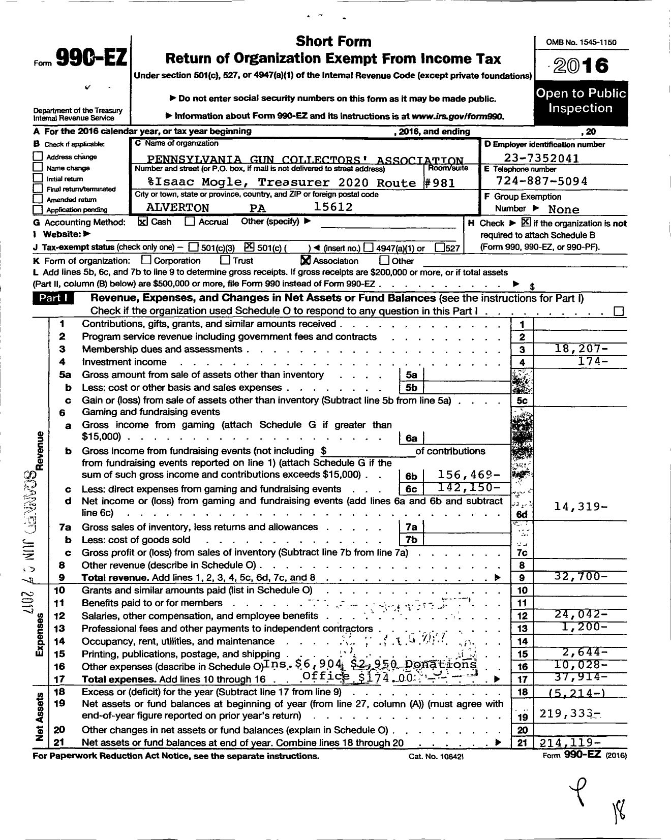 Image of first page of 2016 Form 990EO for Pennsylvania Gun Collectors Association