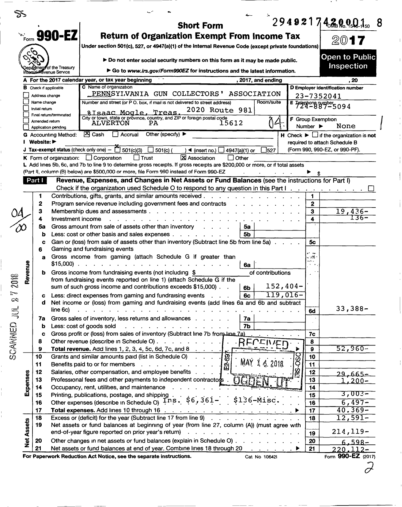 Image of first page of 2017 Form 990EO for Pennsylvania Gun Collectors Association