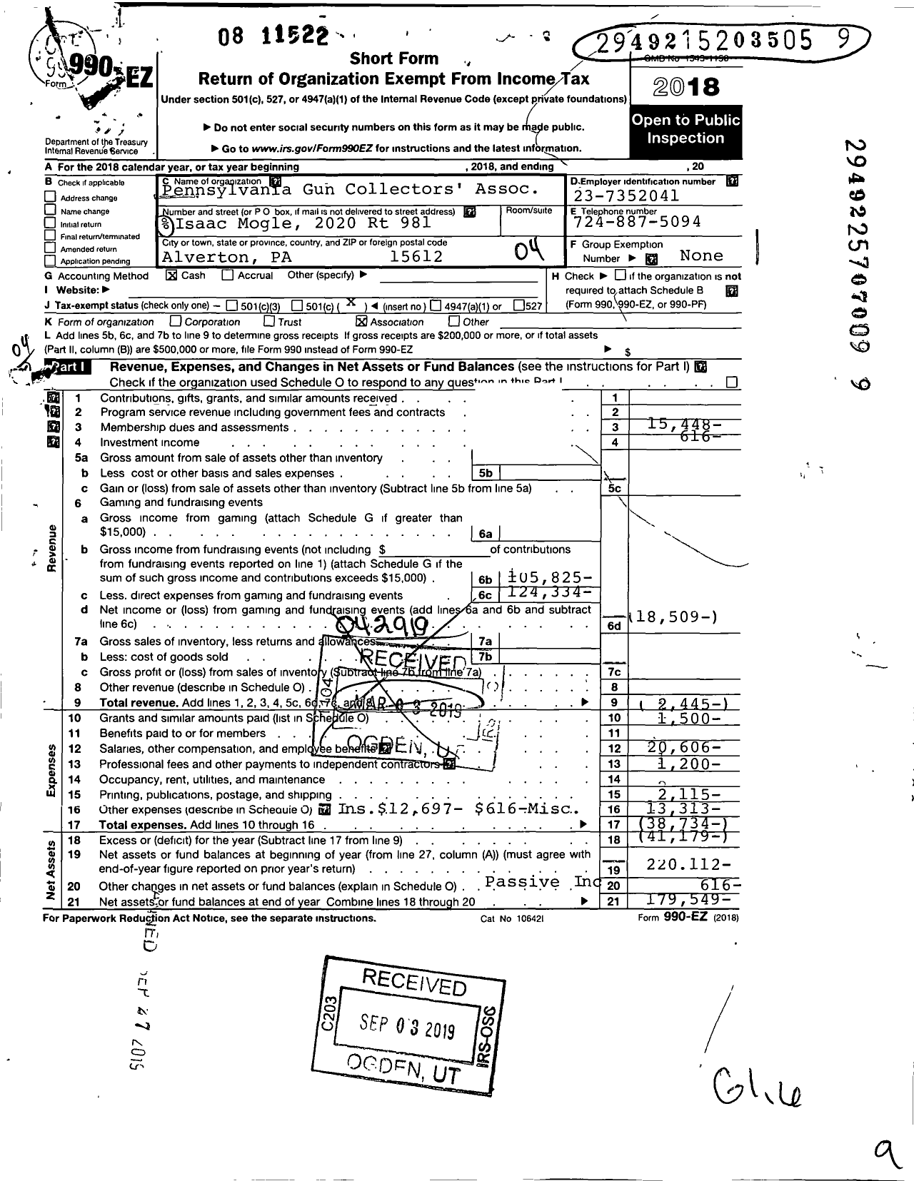 Image of first page of 2018 Form 990EO for Pennsylvania Gun Collectors Association