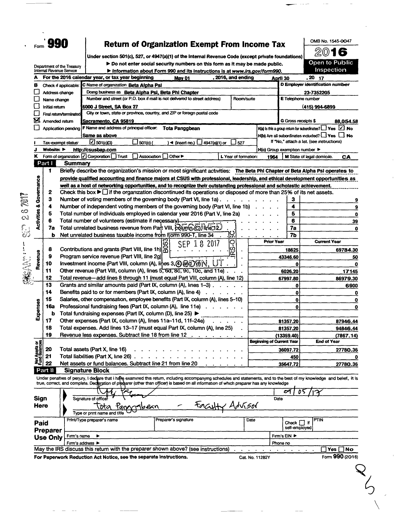 Image of first page of 2016 Form 990 for Beta Alpha Psi National Council - 67 Beta Phi Chapt Calif State Unive