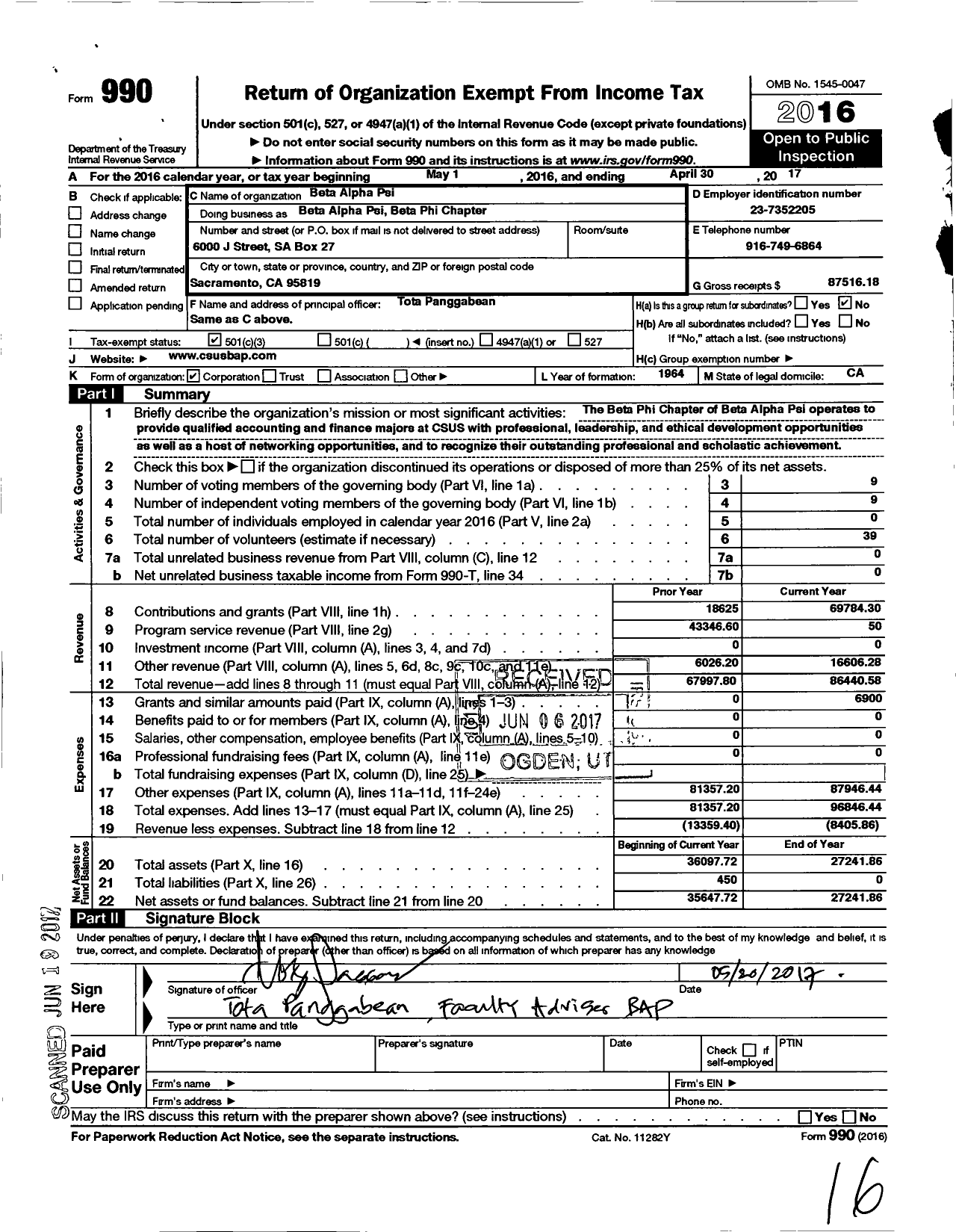 Image of first page of 2016 Form 990 for Beta Alpha Psi National Council - 67 Beta Phi Chapt Calif State Unive