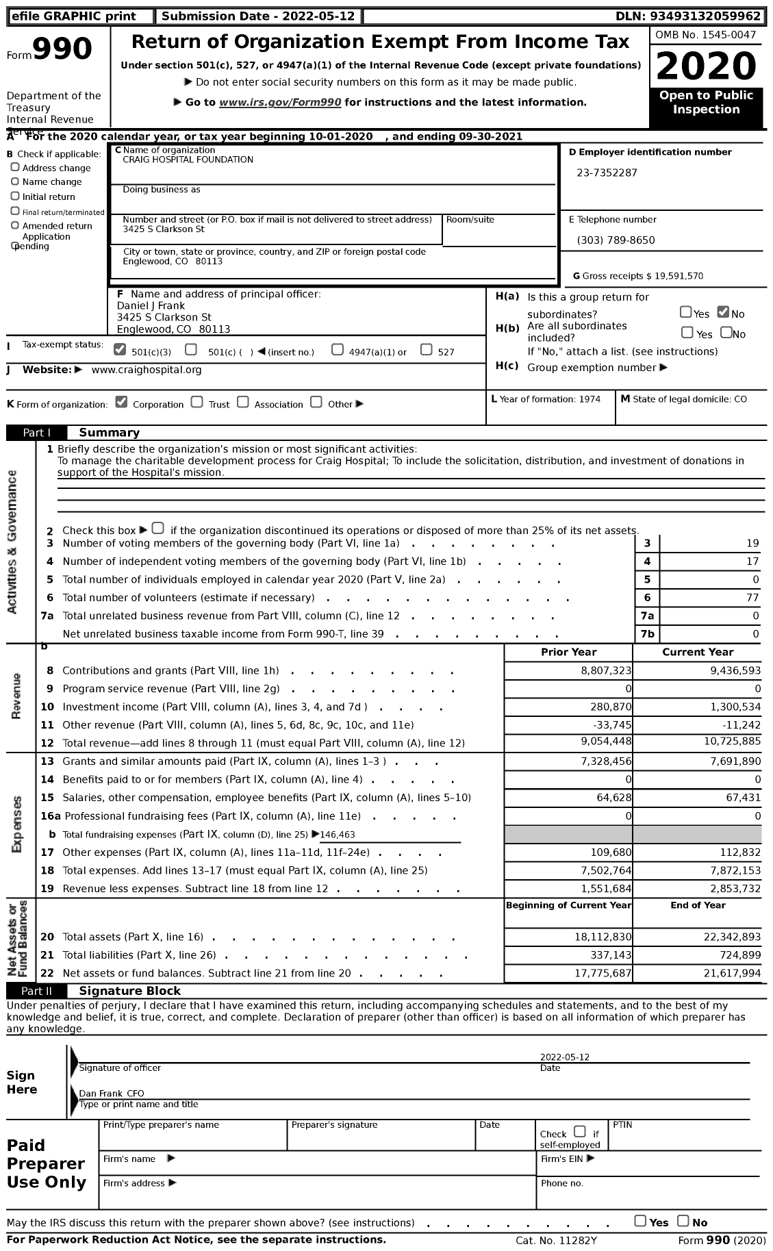 Image of first page of 2020 Form 990 for Craig Hospital Foundation