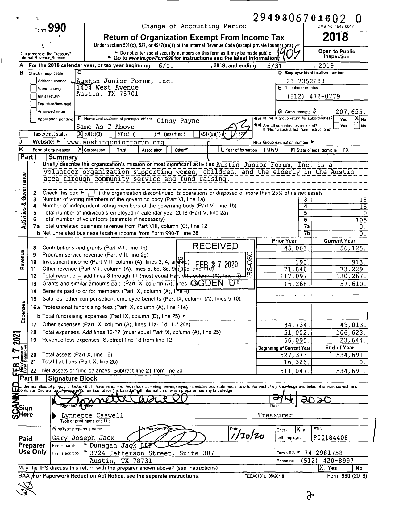 Image of first page of 2018 Form 990 for Austin Junior Forum