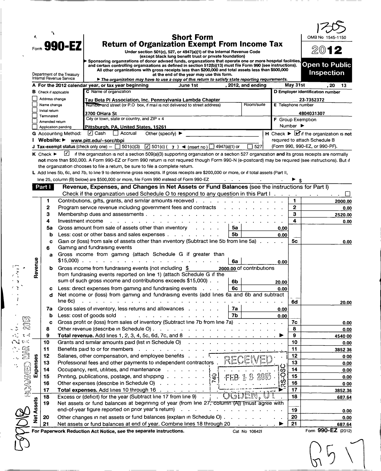 Image of first page of 2012 Form 990EO for Tau Beta Pi Association / Pennsylvania Lambda Chapter