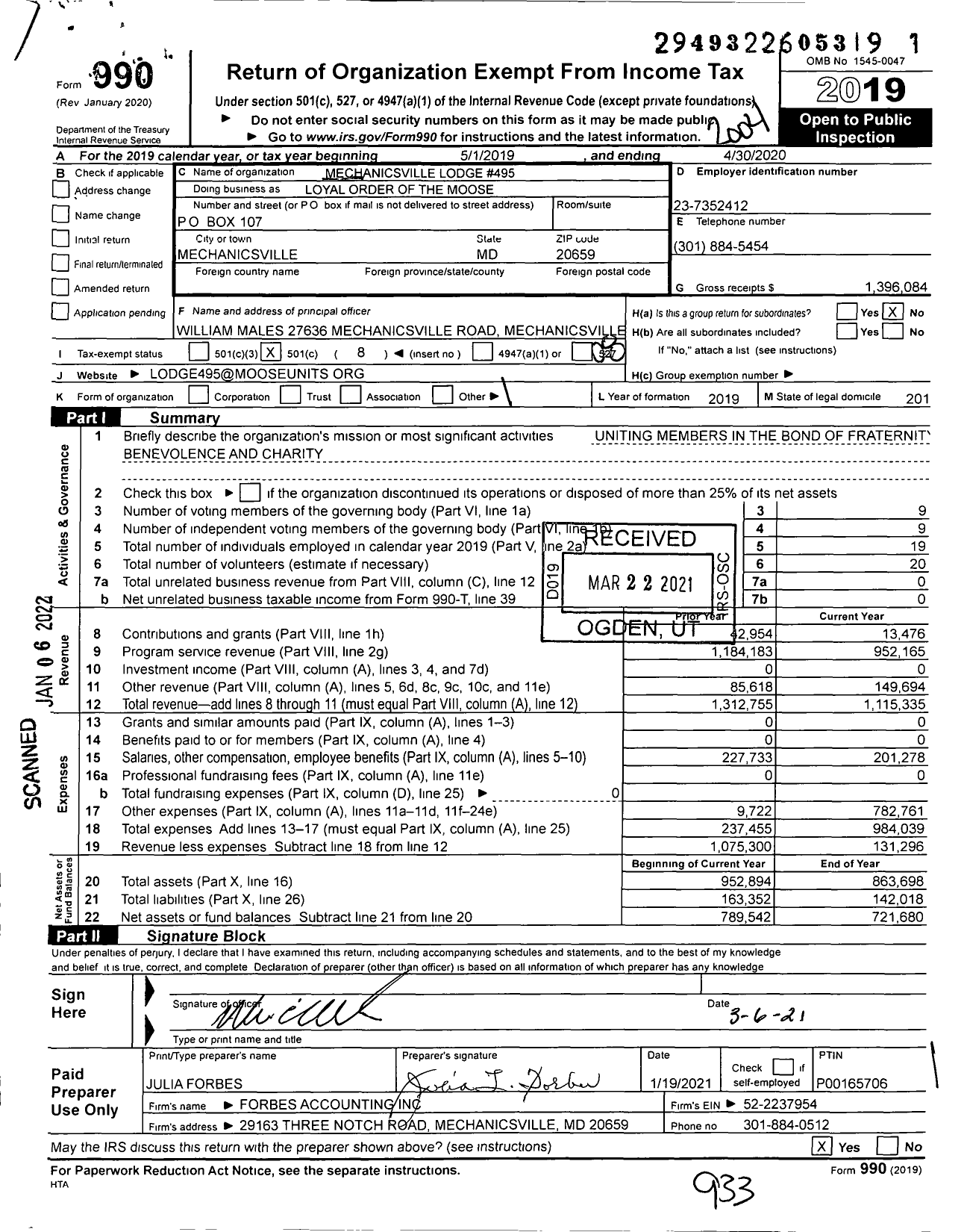 Image of first page of 2019 Form 990O for Loyal Order of Moose - Mechanicsville Lodge 495 Loyal Order of Moose