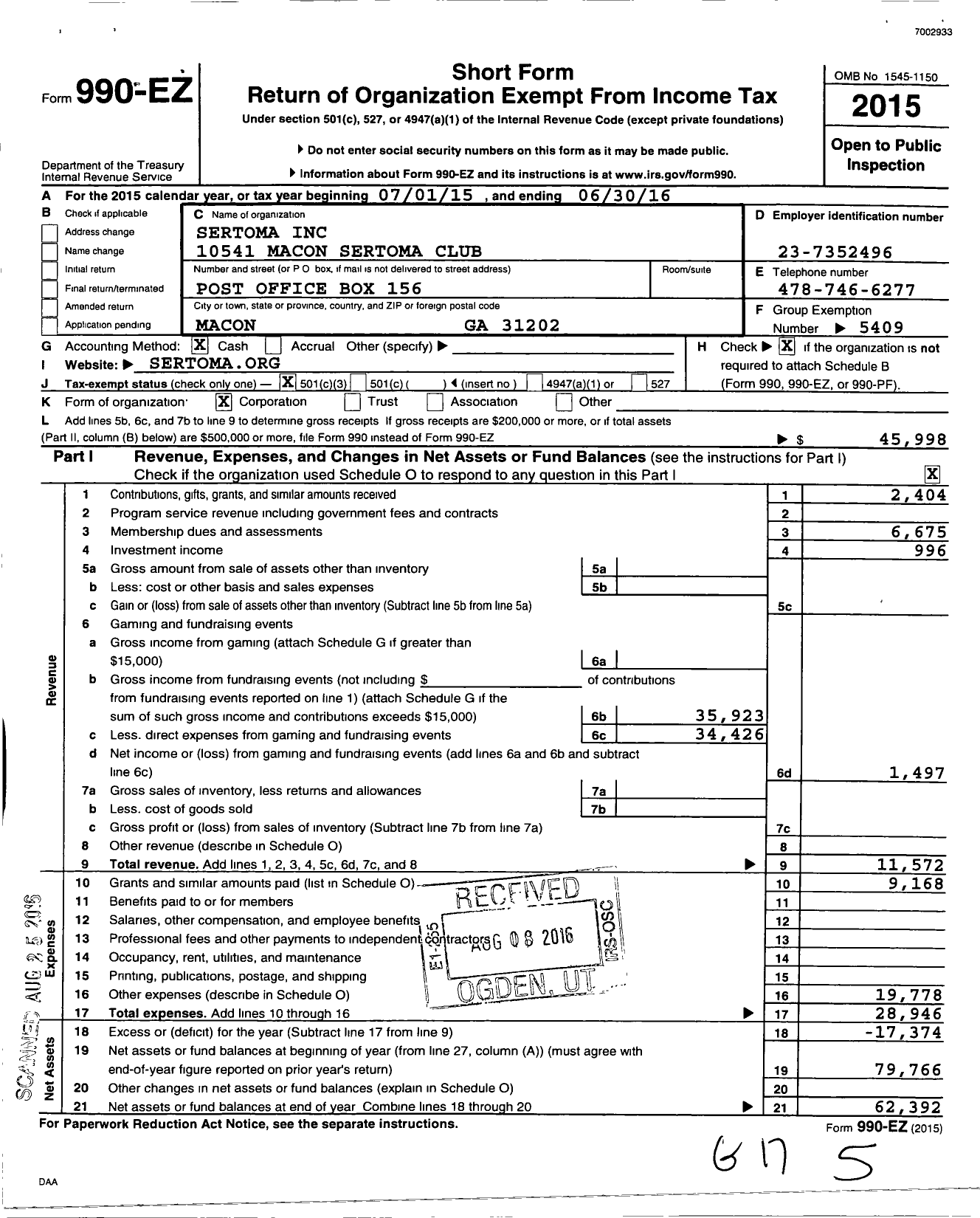 Image of first page of 2015 Form 990EZ for Sertoma - 10541 Macon Sertoma Club