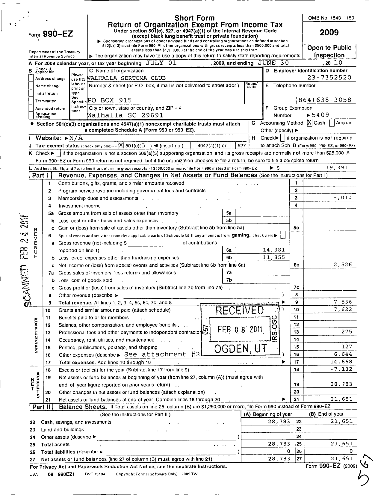 Image of first page of 2009 Form 990EZ for Sertoma - 10024 Walhalla Sertoma Club