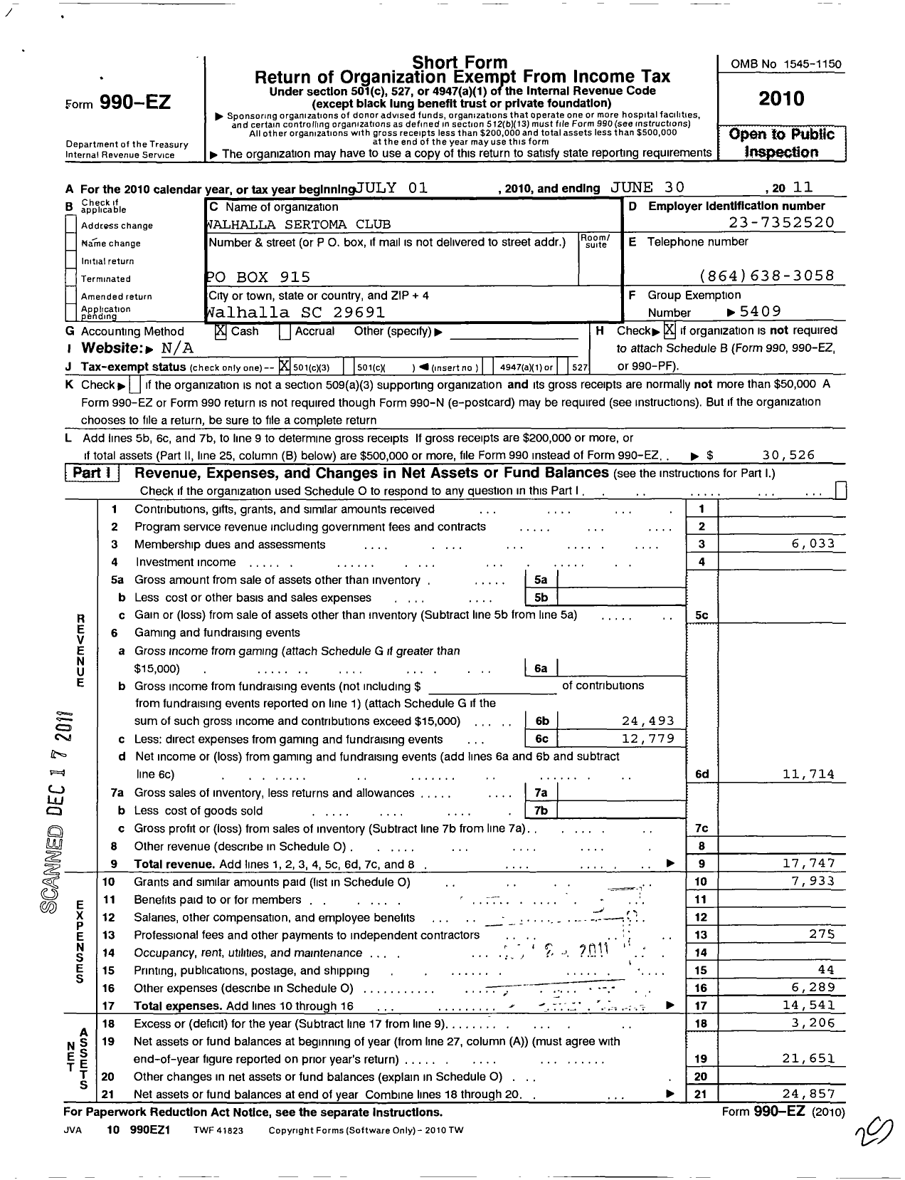 Image of first page of 2010 Form 990EZ for Sertoma - 10024 Walhalla Sertoma Club