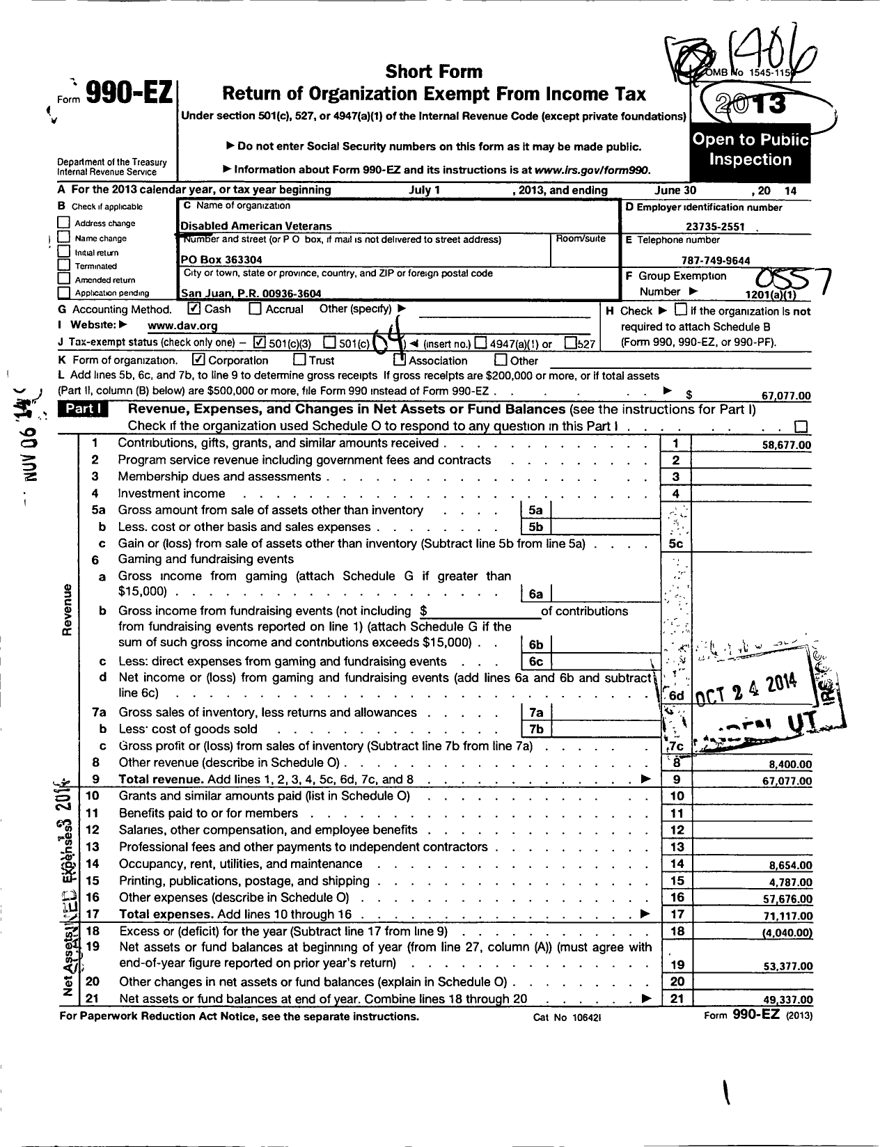 Image of first page of 2013 Form 990EO for Disabled American Veterans - Dept of Puerto Rico