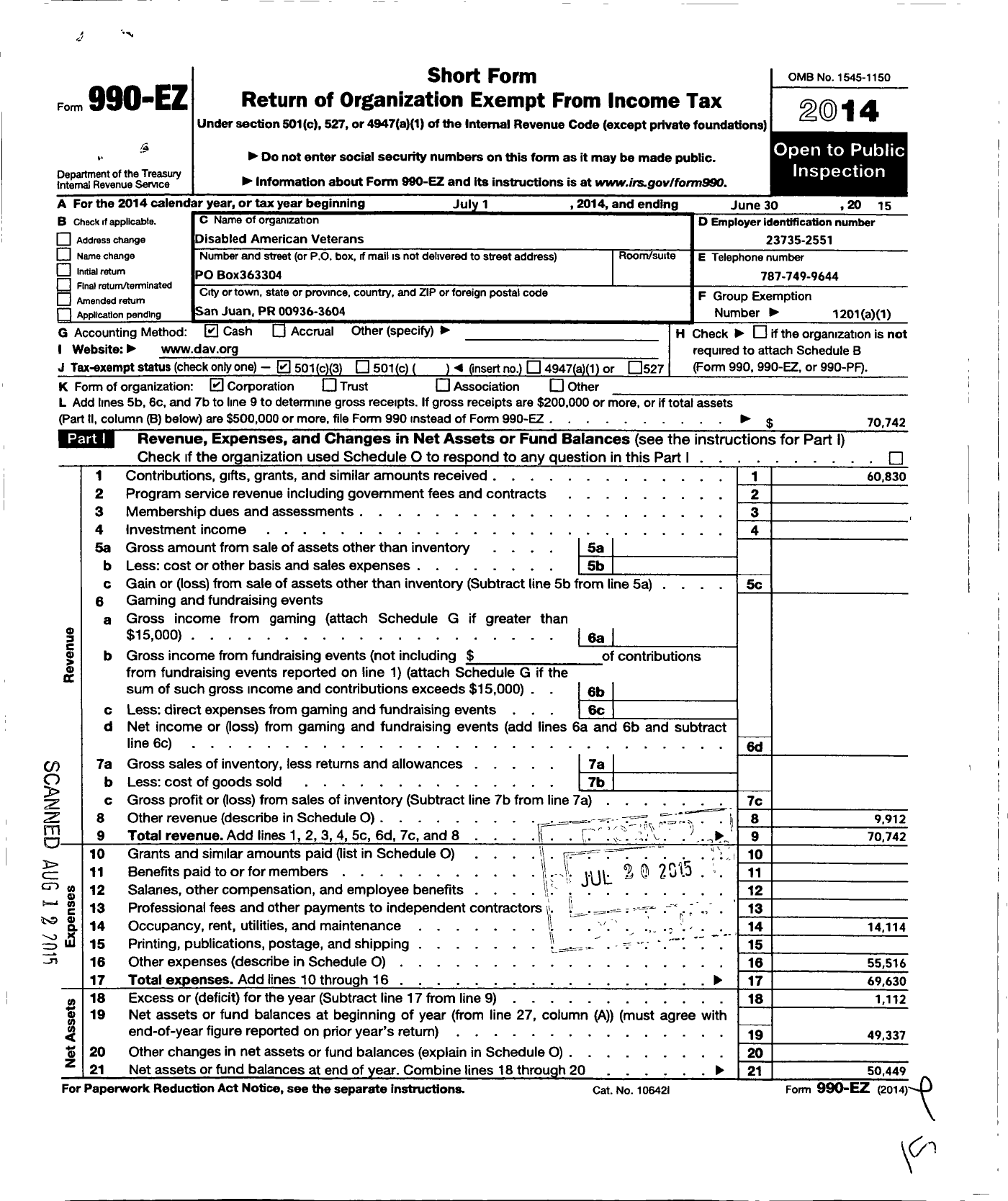 Image of first page of 2014 Form 990EZ for Disabled American Veterans - Dept of Puerto Rico
