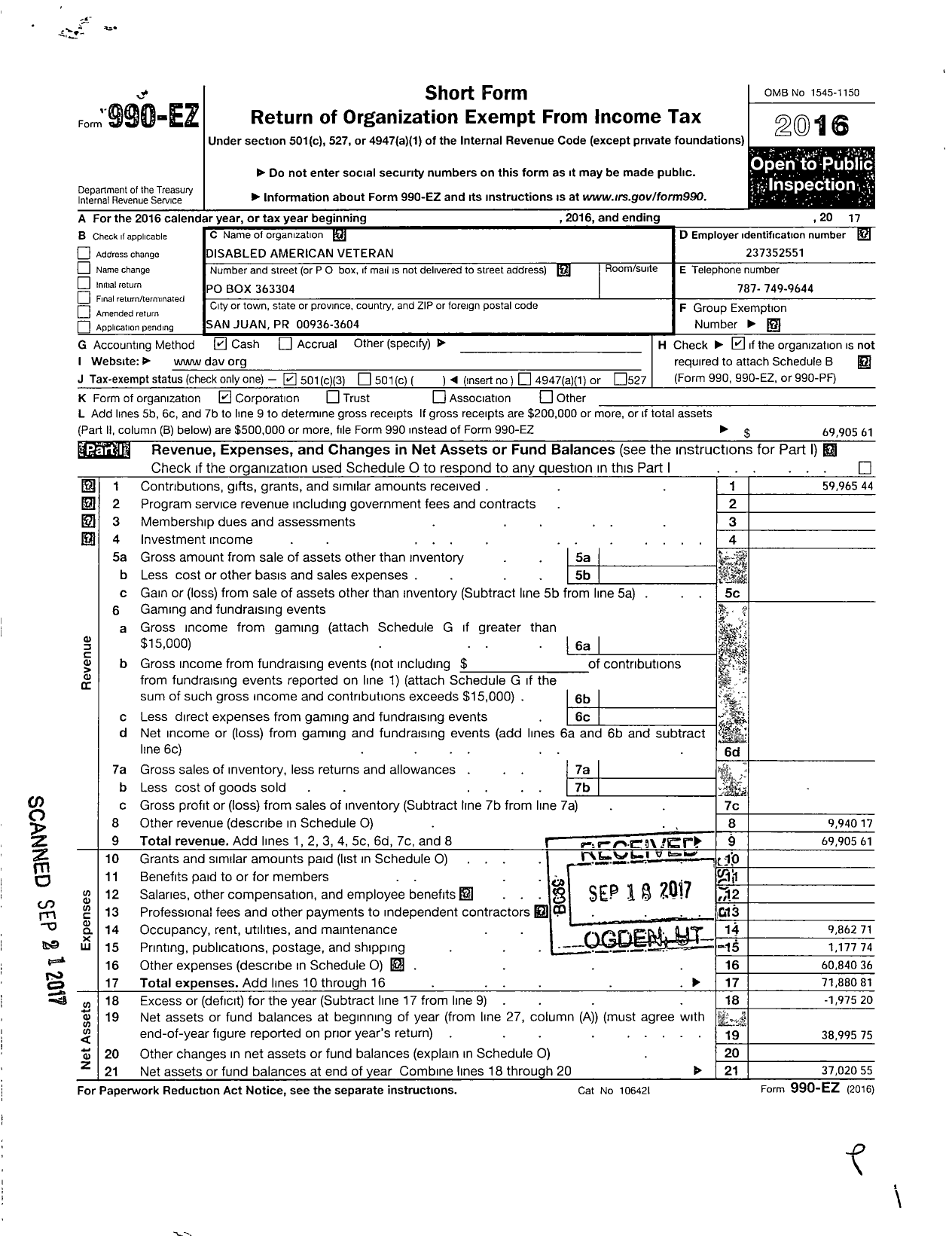 Image of first page of 2017 Form 990EZ for Disabled American Veterans - Dept of Puerto Rico