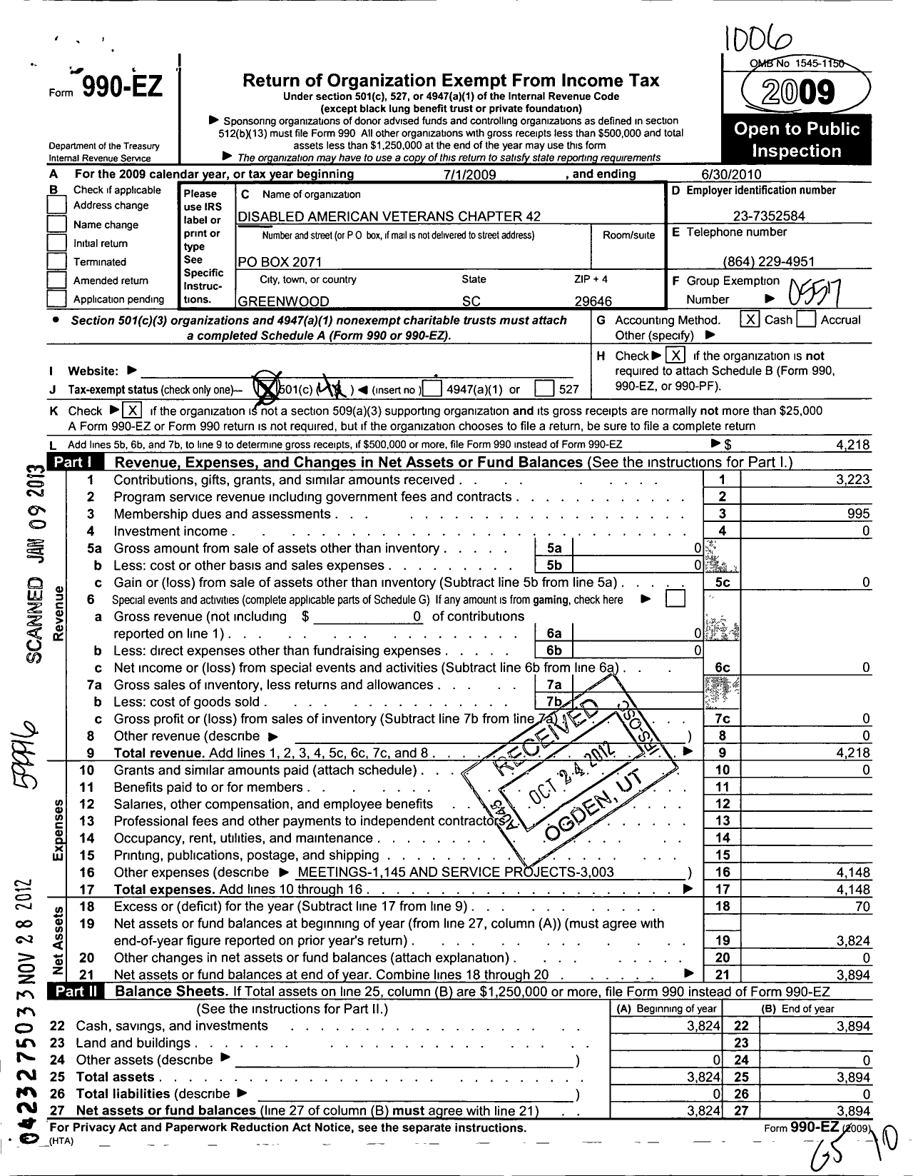 Image of first page of 2009 Form 990EO for Disabled American Veterans - 42 Greenwood